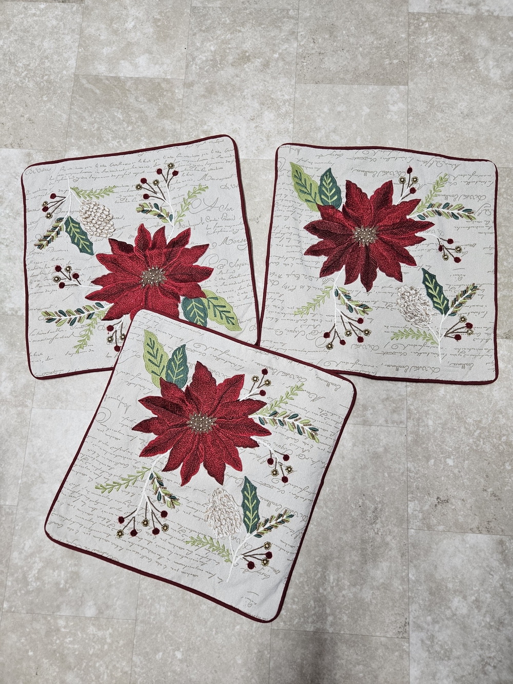 Pier 1 Poinsettia Embroidered Pillow Throw Covers Set of 3 Christmas Holiday